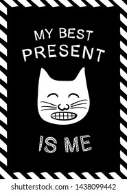 Cute postcard black and white chalked design with lettering and cat. Chalk postcard.