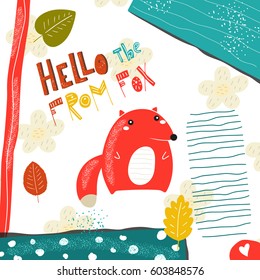 Cute postcard, card, background with red fox, leaves, heart, stripes, polka dots, abstract elements and lettering quote hello from the fox. Postcard for children in cartoon style. Baby shower card