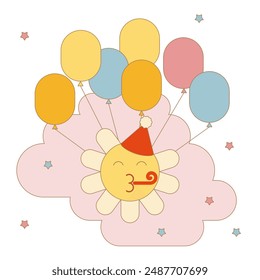 Cute postcard of cheerful daisy smiley in a cap with balloons. Birthday. Vector illustration for decoration, postcards, posters, flyers, banners, textiles.