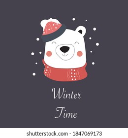 Postal corta con oso de Navidad. Ilustración vectorial plana. Hora del invierno.