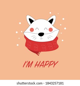 Cute postcard with Christmas Fox. Flat vector illustration. Hello winter.