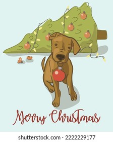 Cute postcard for Christmas  New Year and dog   New Year's toy in his teeth  Chaos at home New Year's Eve  Funny story in pictures  Suitable for printing clothes   postcards 