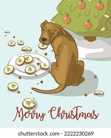 A cute postcard for Christmas, new year with a dog and gnawing cookies prepared for the holiday. Chaos at home on New Year's Eve. Funny story in pictures. Suitable for printing on clothes and on postc