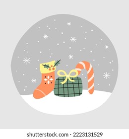 Cute postcard with Christmas sock, present box, candy cane and snowfall in modern cartoon style isolated on grey background. Happy new year illustration.