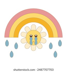 Cute postcard of crying daisy emoji with rainbow. Vector illustration for design, postcards, posters, flyers, banners, textiles.