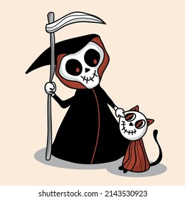 Cute postcard, death with a scythe stroking a kitten. Happy Halloween. A postcard for the Feast of All Saints. Sweet or nasty. Cartoon character. Vector flat illustration for the Halloween holiday