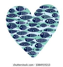 Cute postcard with decorative fish. Sea heart.