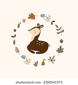 Cute postcard with deer and autumn nature elements. Vector illustration for your design