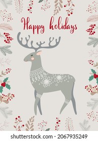 Cute postcard with a Deer. Christmas greeting gift cards with winter elements and holiday wishes. Winter vector illustration isolated on white background.