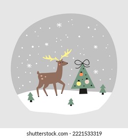 Cute postcard with deer, decorated Christmas tree with balls and snowfall in modern cartoon style isolated on grey background. Happy new year illustration.