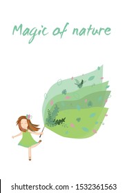 cute postcard in defense of nature with the slogan. girl with a magic wand works wonders, decorating everything with plants. use it on clothes, a bag or card. save planet. vertical. white background