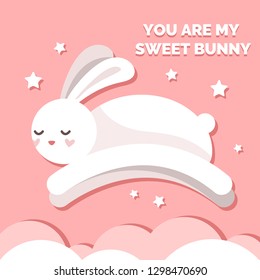 Cute postcard with description. Sweet bunny. Romantic, st valentine's day. Character design. Cartoon style.