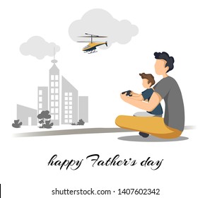 Cute postcard design for Father's Day. Father and son playing with radio controlled helicopter. Friendly family, father's Day, childhood and fatherhood concept. Perfect for card, poster, flyer, banner