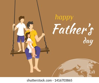 Cute postcard design for Father's Day. Father and children sitting on the swing. Friendly family, father's Day, childhood and fatherhood concept. Perfect for card, poster, flyer, banner, cover.