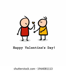 Cute postcard with doodle characters meeting on Valentines day. Boy gives flower to girl. Vector illustration.