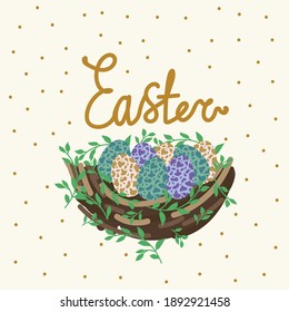 Cute postcard with Easter eggs in the basket. Easter Lettering. Cute Easter poster with a Nest. Spring illustration of a basket of branches in a circle of foliage. Vector illustration