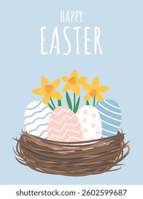 Cute postcard with easter eggs in nest and daffodils. Spring greeting poster for easter. Simple flat easter vector illustration