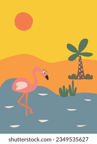 cute postcard with flamingo at sunset