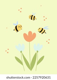 cute postcard with flowers and bees for the holiday