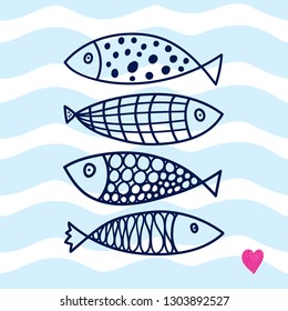 Cute postcard with four fish in scandinavian style. Linear illustration.