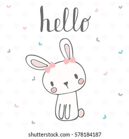 Cute postcard with funny rabbit. Card with hello text for little girl. Template for your design. Vector illustration