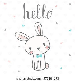 Cute postcard with funny rabbit. Card with hello text for little boy. Template for your design. Vector illustration