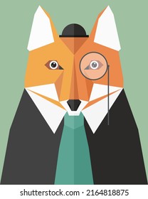 Cute postcard with a geometric shape. Vector illustration of a gentleman fox in a hat and with a monocle.