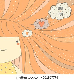 Cute postcard with girl with long red hair thinking about love. St valentines day card, cover. Romantic background about love, relationships, amour