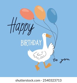 Nette Postkarte mit einer Gans. Herzlichen Glückwunsch zum Geburtstag.Blaues Banner mit Gans und Ballons.