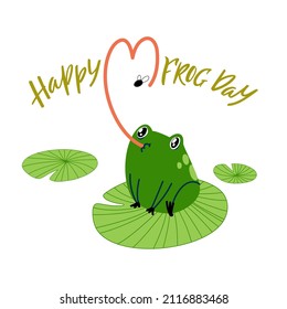 Cute Postcard with Green Funny Frog. Vector Cartoon Illustration