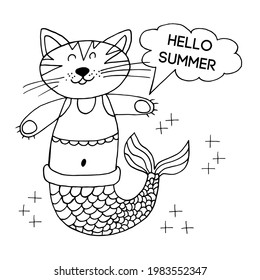 Cute postcard in hand draw style. Picture on the marine theme. Mermaid cat. Hello summer