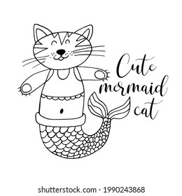 Cute postcard in hand draw style. Picture on the marine theme. Cute cat mermaid