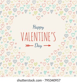 Cute postcard with hand drawn hearts for Valentine's Day. Vector.