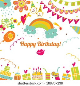 Cute postcard. Happy birthday. Vector.