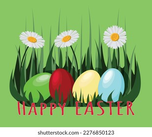 A cute postcard with a happy easter lettering featuring easter eggs in grass with daisies on a light green background.