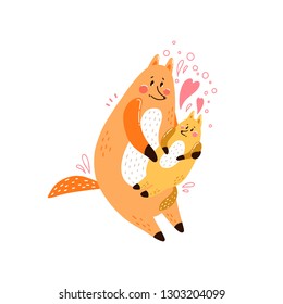 Cute postcard happy family with a picture of a fox