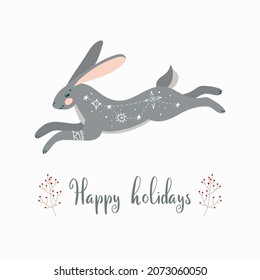 Cute postcard with a hare. Christmas greeting gift cards with winter elements and holiday wishes. Winter vector illustration isolated on white background.