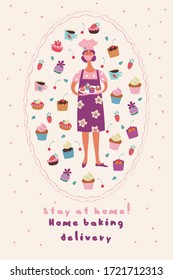 Cute Postcard With Homemade Confectionery, Cakes And Pies. Female Pastry Chef In A Medical Mask. Stay At Home. Home Baking Delivery. Vector Illustration.