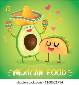 Cute postcard Illustration with funny food characters. Love, music and hearts.Mexican traditional food - hot spicy tacos with funny face and avocado in sombrero with maracas.