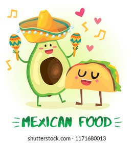 Cute postcard Illustration with funny food characters. Love, music and hearts.Mexican traditional food - hot spicy tacos with funny face and avocado in sombrero with maracas.