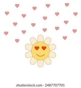 Cute postcard with image of daisy smiley face in love. Vector illustration for decor, postcards, posters, flyers, banners, textiles.