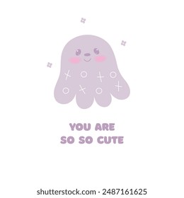 Cute postcard with kawaii animal octopus,devilfish. You are so so cute congratulations card.Vector cartoon illustration.Birthday, party holiday card.White background.