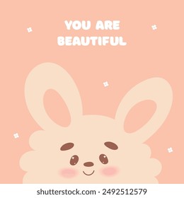 Cute postcard with kawaii animal rabbit,bunny.You are beautiful congratulations card.Vector cartoon illustration.Birthday, party holiday card.Peach background.