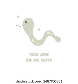Cute postcard with kawaii animal snake,serpent,viper. You are so so cute congratulations card.Vector cartoon illustration.Birthday, party holiday card.White background.