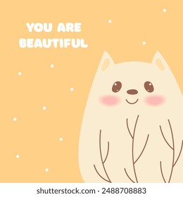 Cute postcard with kawaii animal yellow cat,feline,kitty.You are beautiful congratulations card.Vector cartoon illustration.Birthday, party holiday card.Yellow background.