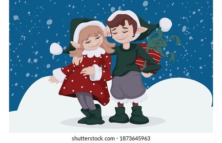 Cute postcard with little elf couple. Boy with a gift in his hands and a girl. Vector illustration