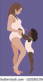 Cute postcard  mixed race black daughter with a pregnant woman on a dark background.