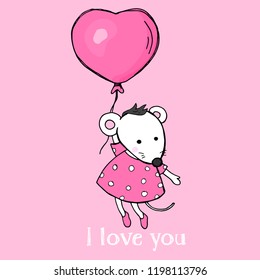 Cute postcard with a mouse with a balloon in the shape of a heart. Mouse flying in a balloon. Colorful vector illustration in sketch style. Valentine's day.