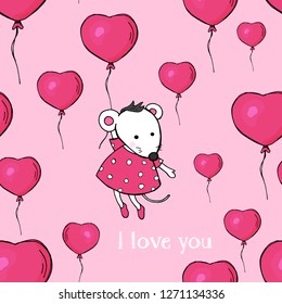 Cute postcard with a mouse and balloons in the shape of a heart. White mouse flying in a balloon. Colorful vector illustration in sketch style. Valentine's day.