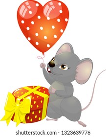 Cute postcard with a mouse and balloons in the shape of a heart. Mouse flying in a balloon. Colorful vector illustration in sketch style. Birthday.